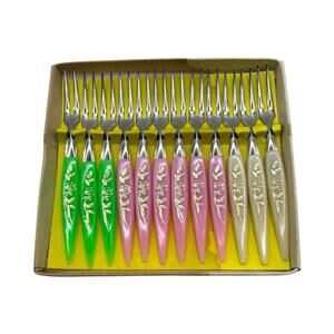 Retro Forks in Green Pink and Bone with Celluloid and Stainless Steel- Set of 12